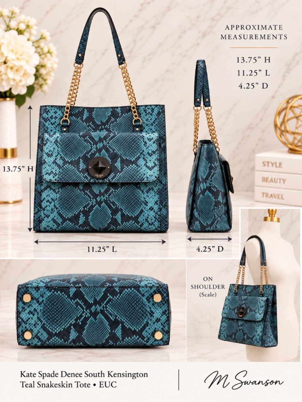 Kate Spade Denee South Kensington Teal Snakeskin Leather Tote Shoulder Bag - Picture 14 of 15